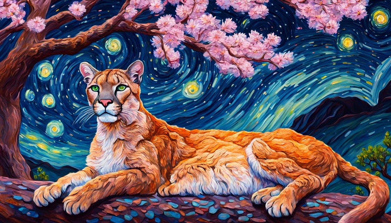 Celestial Puma Under Sakura Tree: Van Gogh Impasto