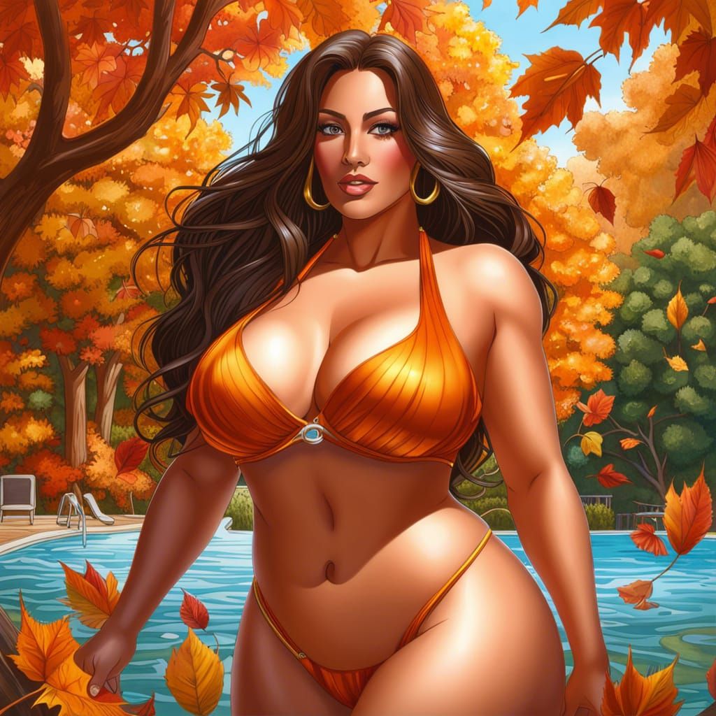 Voluptuous Woman in Bikini: Hyperrealistic Autumn Scene