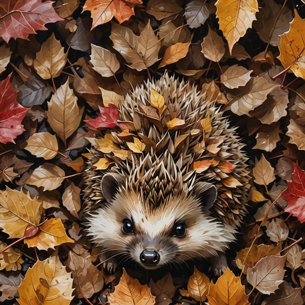 Cute Hedgehog Playing in Autumn Leaves, Detailed Painting