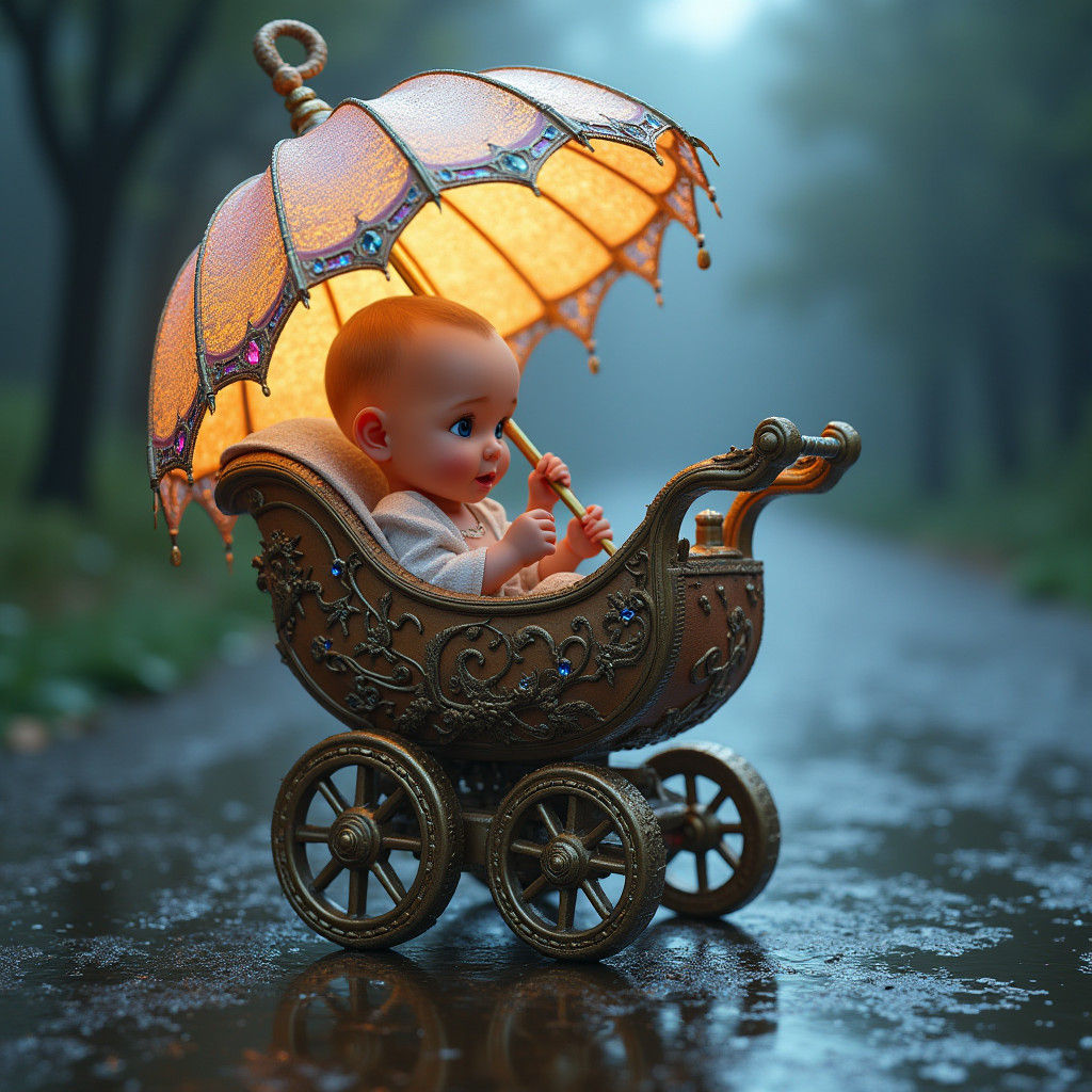 Baby in Ornate Stroller Under Iridescent Umbrella