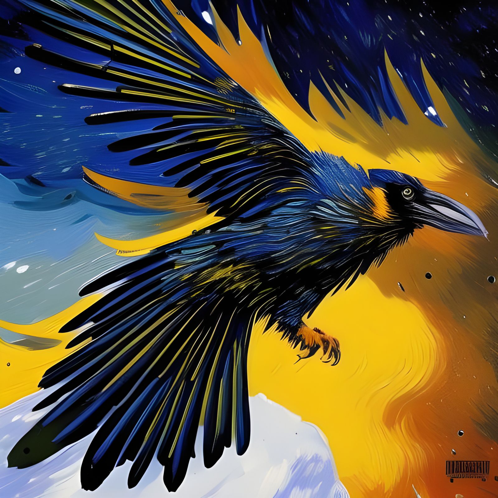 Cyberpunk Raven in Winter Snow, Impasto Painting