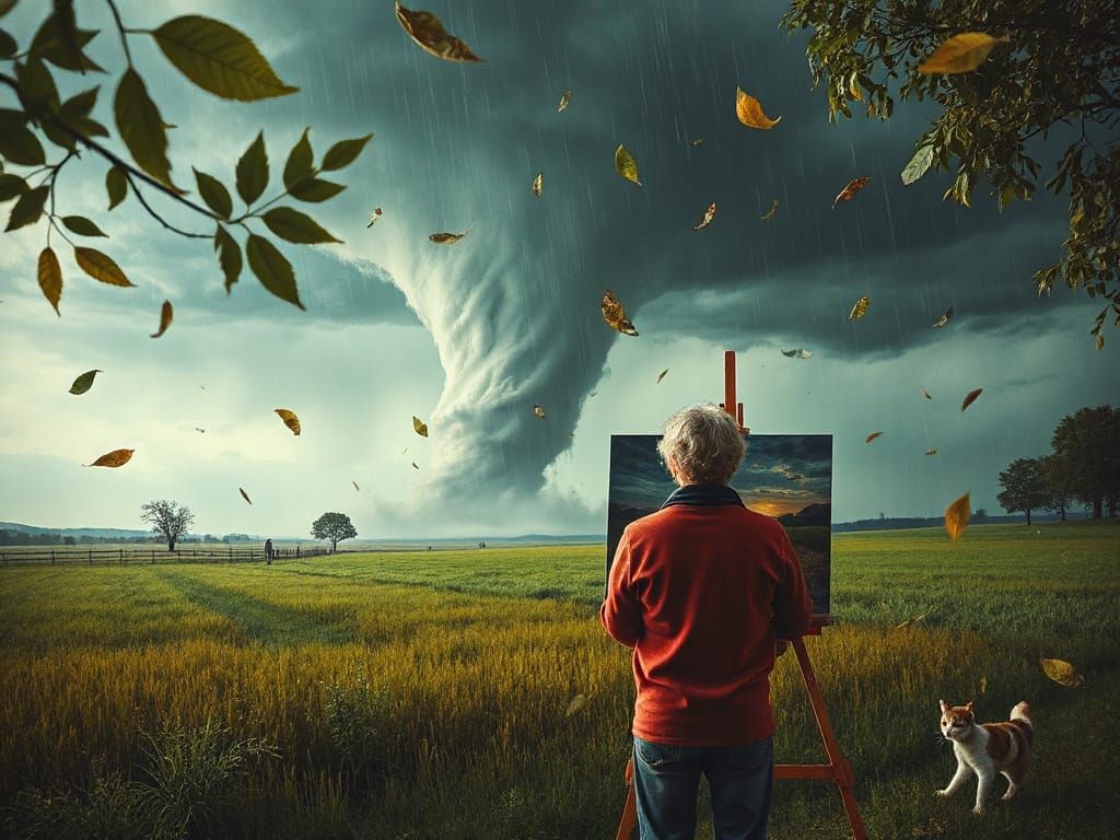 Artist Surrounded by Tornado Scene Come to Life