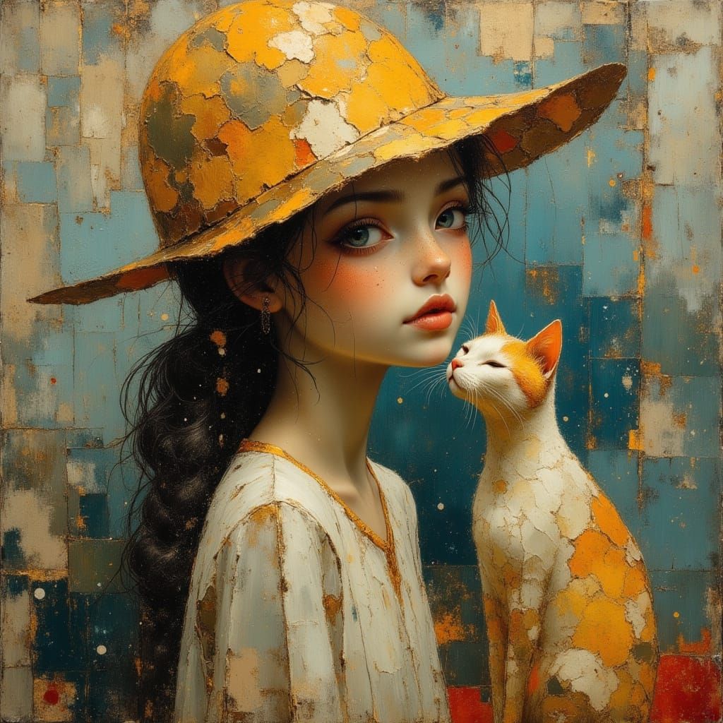 Surreal Dreamscape: Girl and Cat in Dali-esque Style