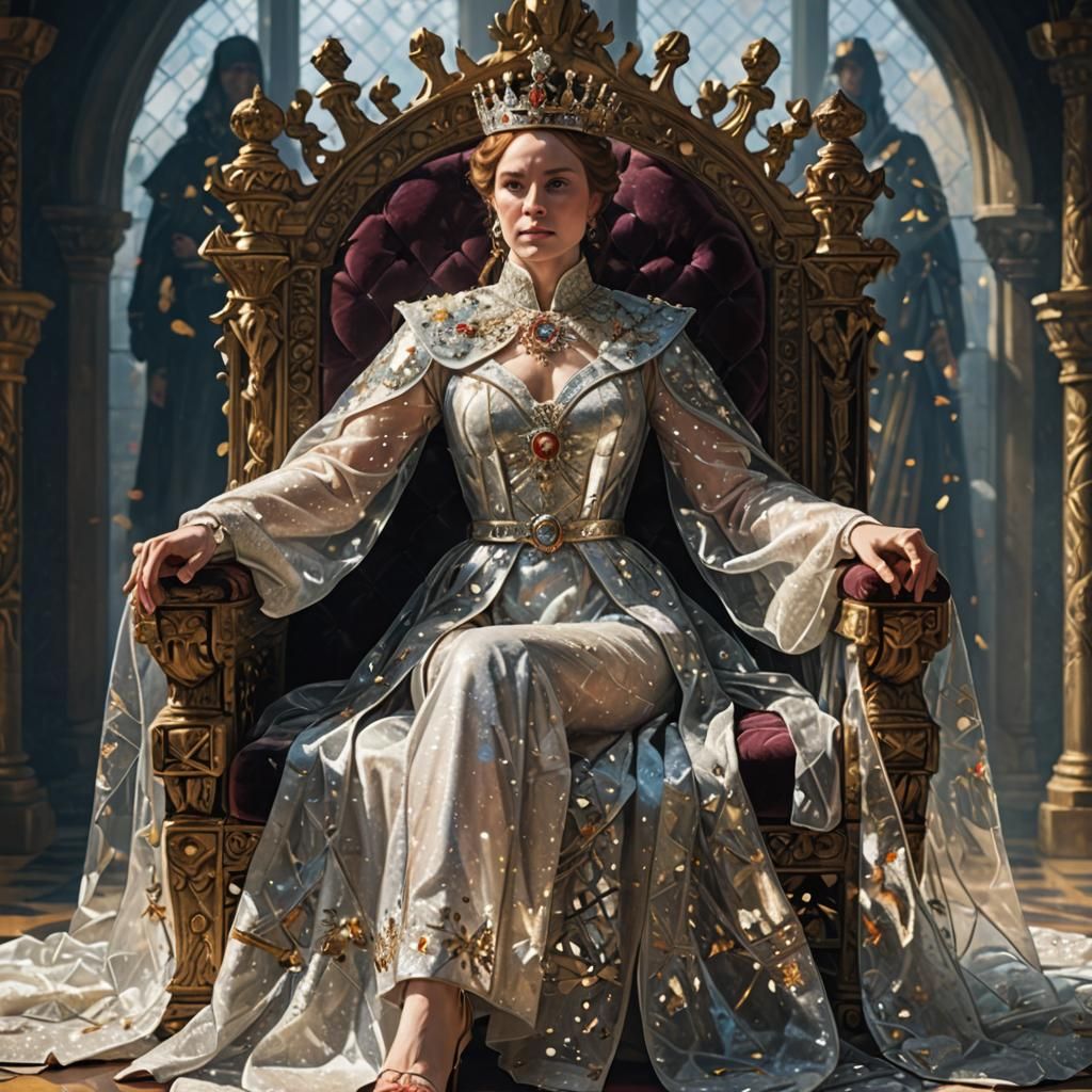 Proud Queen on Throne in Transparent Robe