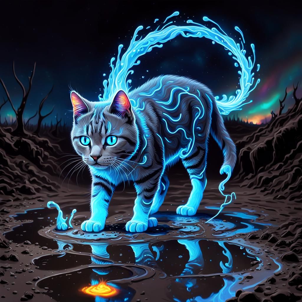 Neon-Eyed Cat's Muddy Puddle Fantasy