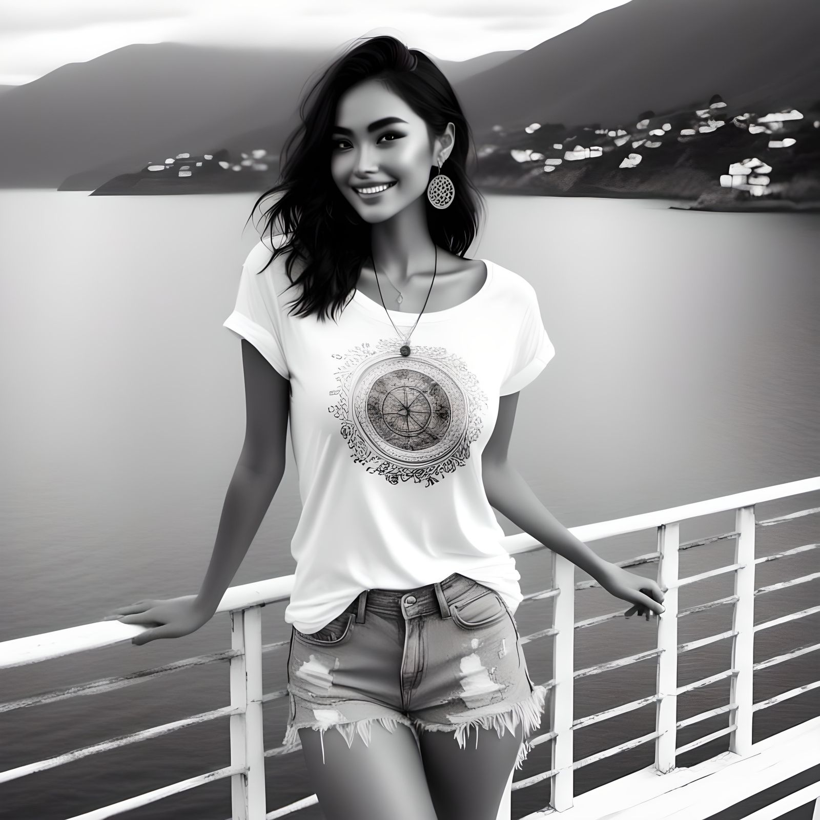 Confident Woman on Boat Deck in Pencil Sketch Style