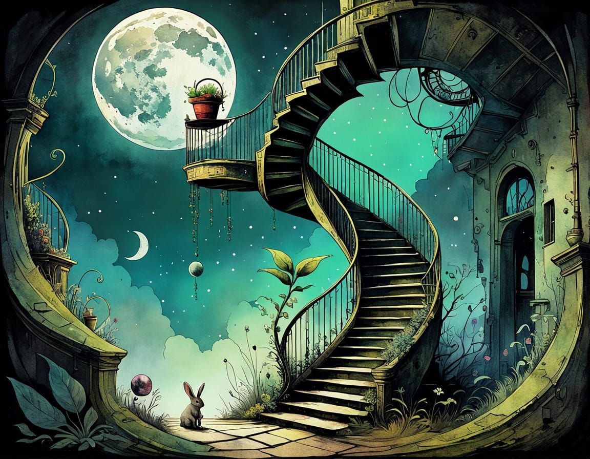 Surreal Staircase Ascends to Whimsical Moonlit Dreams