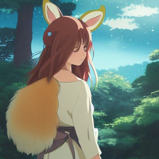 Anime Girl with Animal Features in Ghibli Style