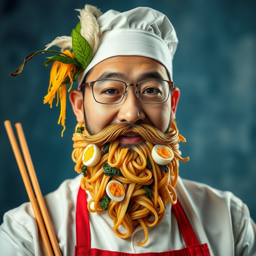 Proud Ramen Chef Portrait with Ramen Beard