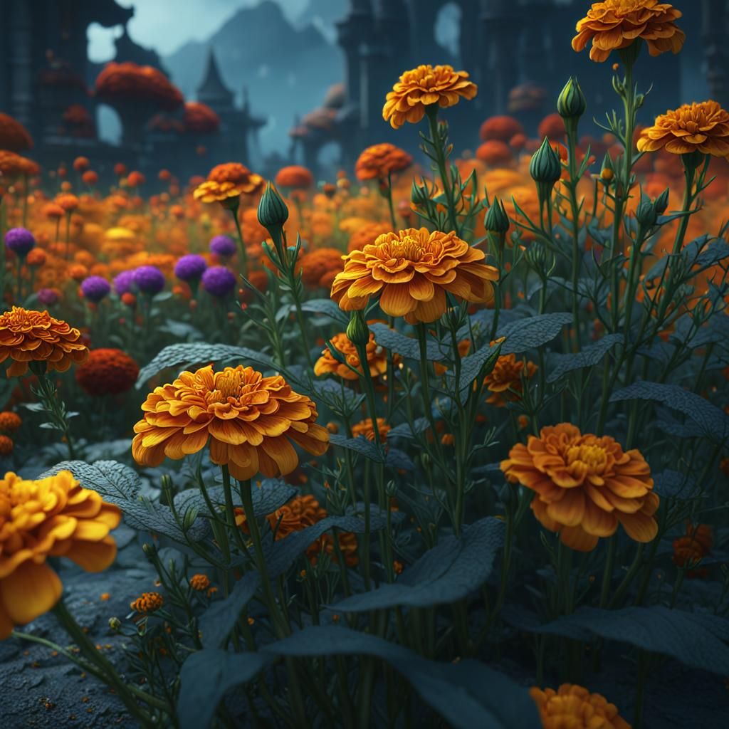 Detailed Matte Painting of Marigold Flowers