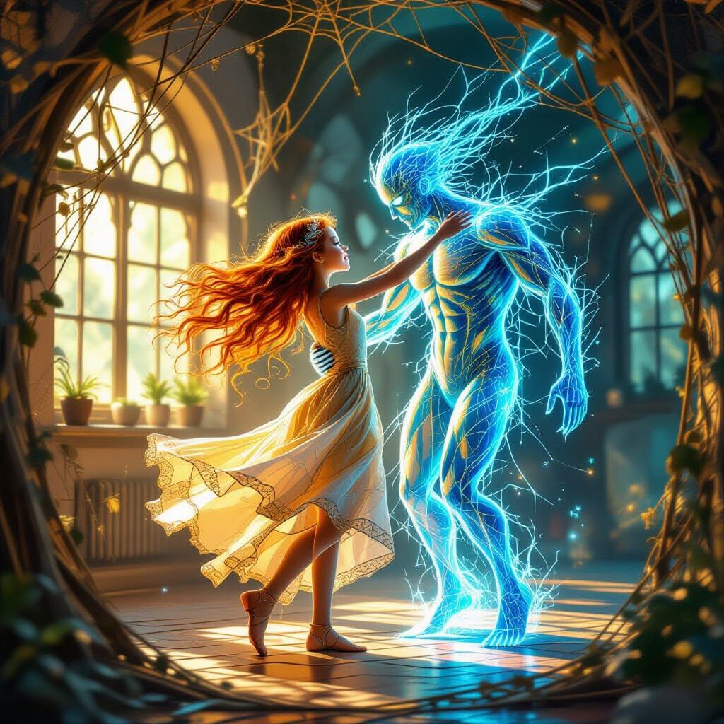 Happy Girl in Golden Spider Web Dress with Blue Flame Spirit