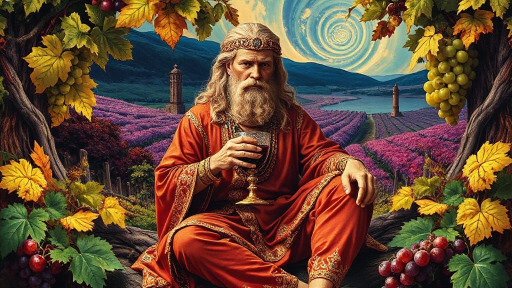 Dionysus in Vibrant, Fractal Vineyard Scene