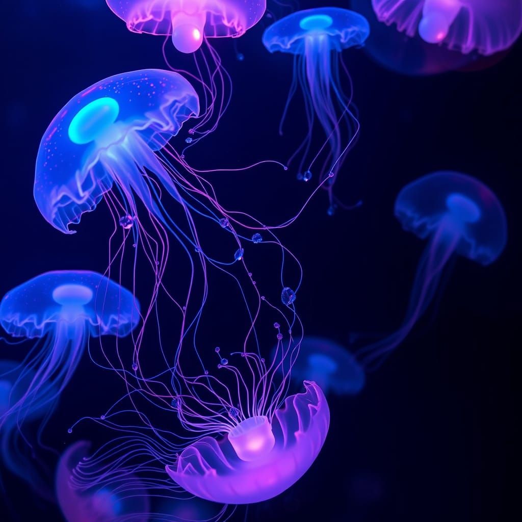 Luminous Jellyfish Floating in Dark Ocean