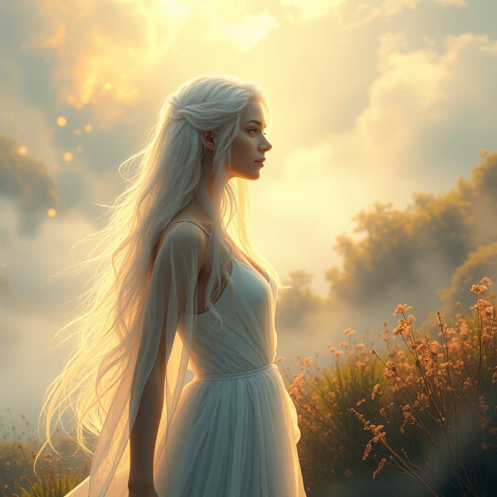 Ethereal Woman with Crystal Hair in Dreamlike Landscape