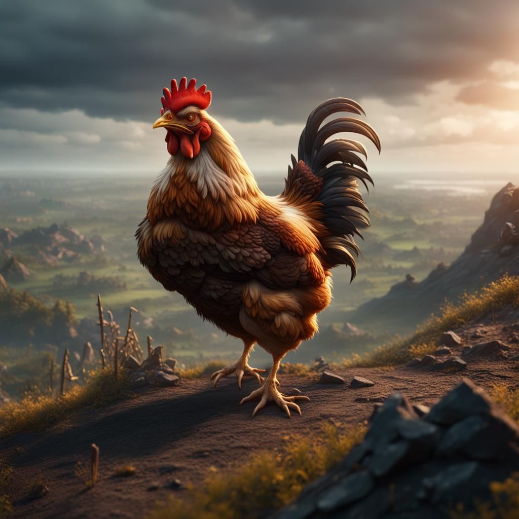 Angry Chicken Yelling on Hill: Detailed Matte Painting