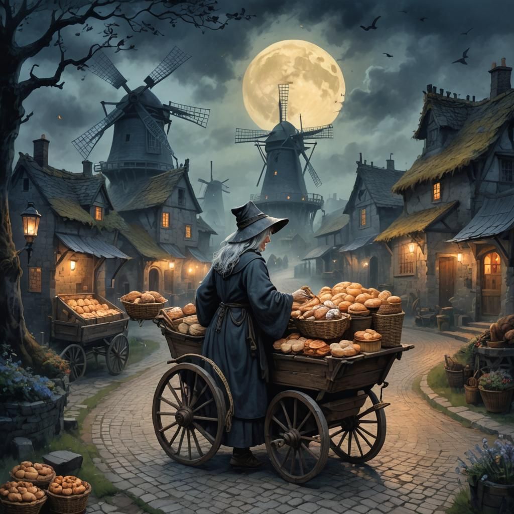 Gothic Crone Peddling Pastries on Misty Road