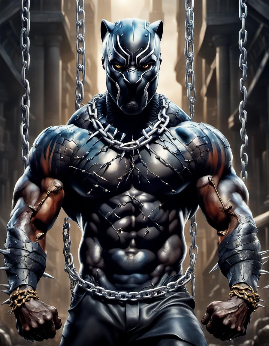 anthropomorphic black panther man with massive muscular muscle ,8k resolution concept art with chains,spikes and huge cl...