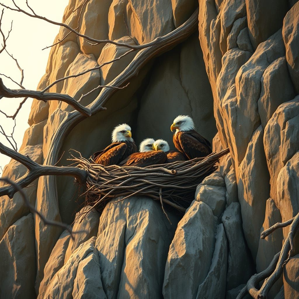 Wildlife Eagles Perched in Rocky Cliffside Nest