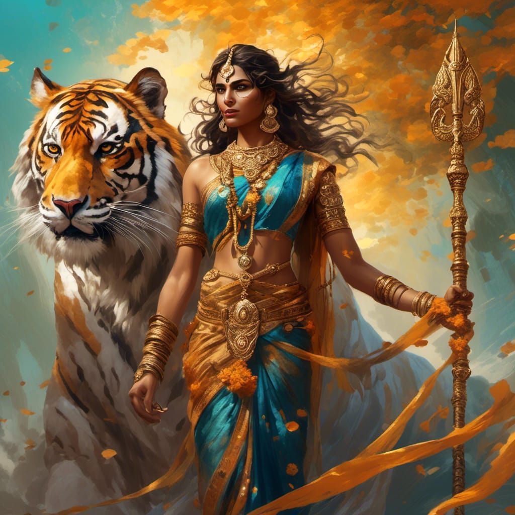 Indian Goddess Parvati with Tiger in Hyperreal Style