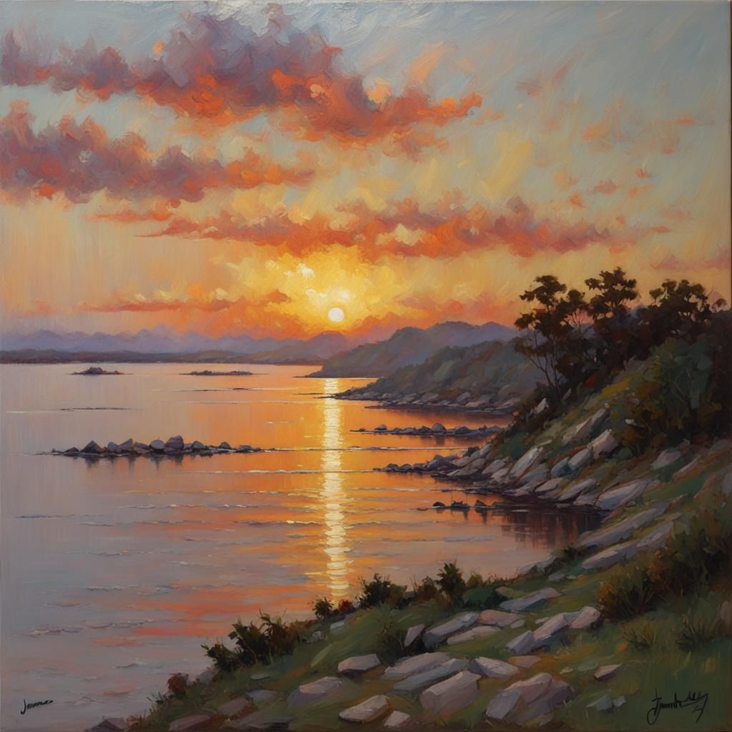 Sunset Over Bay as Oil Painting