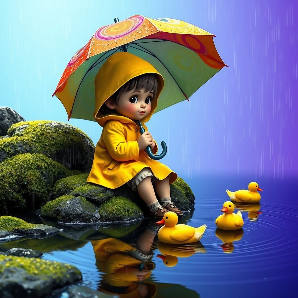 Vibrant Rainy Day Scene in Abstract Art Style