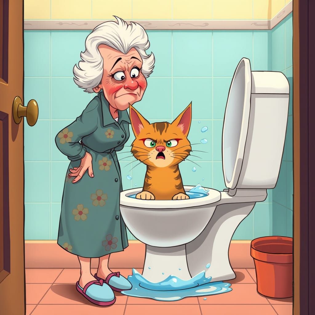 Feisty Grandma Confronts Mischievous Cat in Toilet