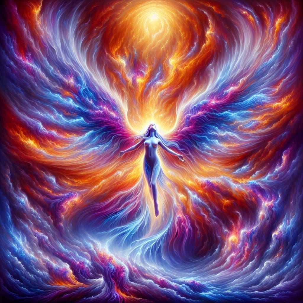 Radiant Winged Figure Emerges from Flames