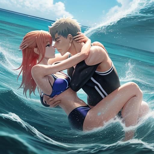 Anime Girl and Boy Kissing in the Ocean