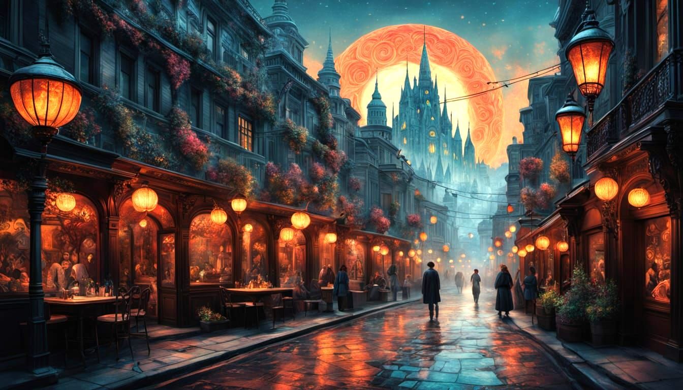 Embroidered City Street Scene in Art Nouveau Style