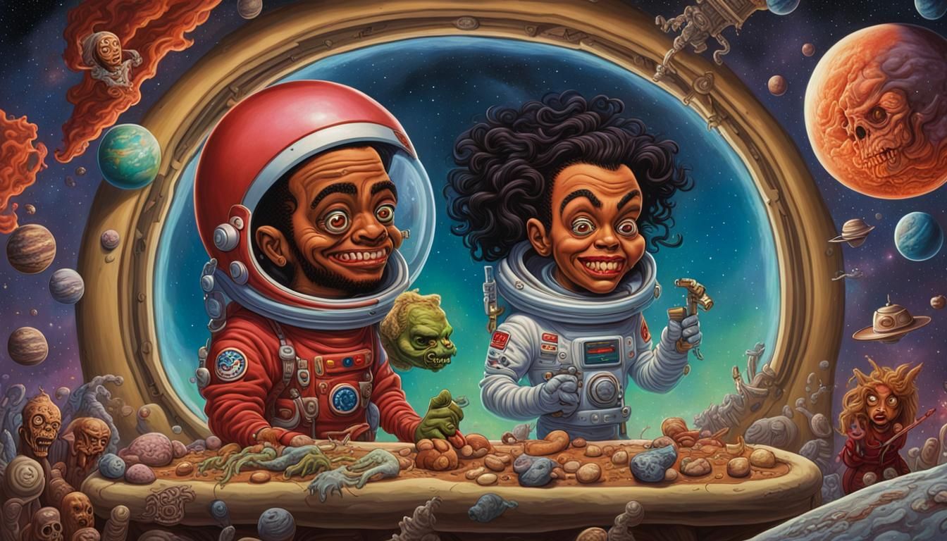 Ozuna and Karol G in Space: Grotesque Horror Art