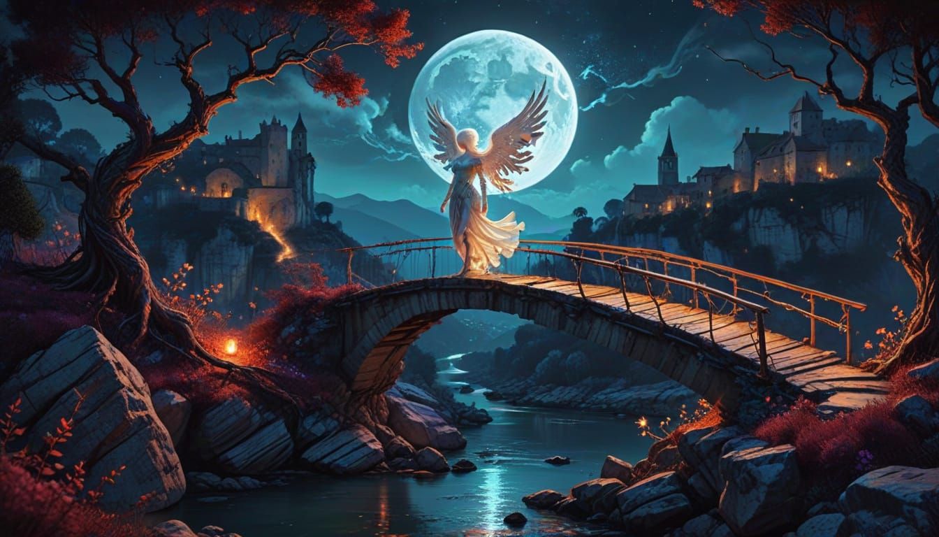 Night Bridge and Village in Alcohol Ink Painting