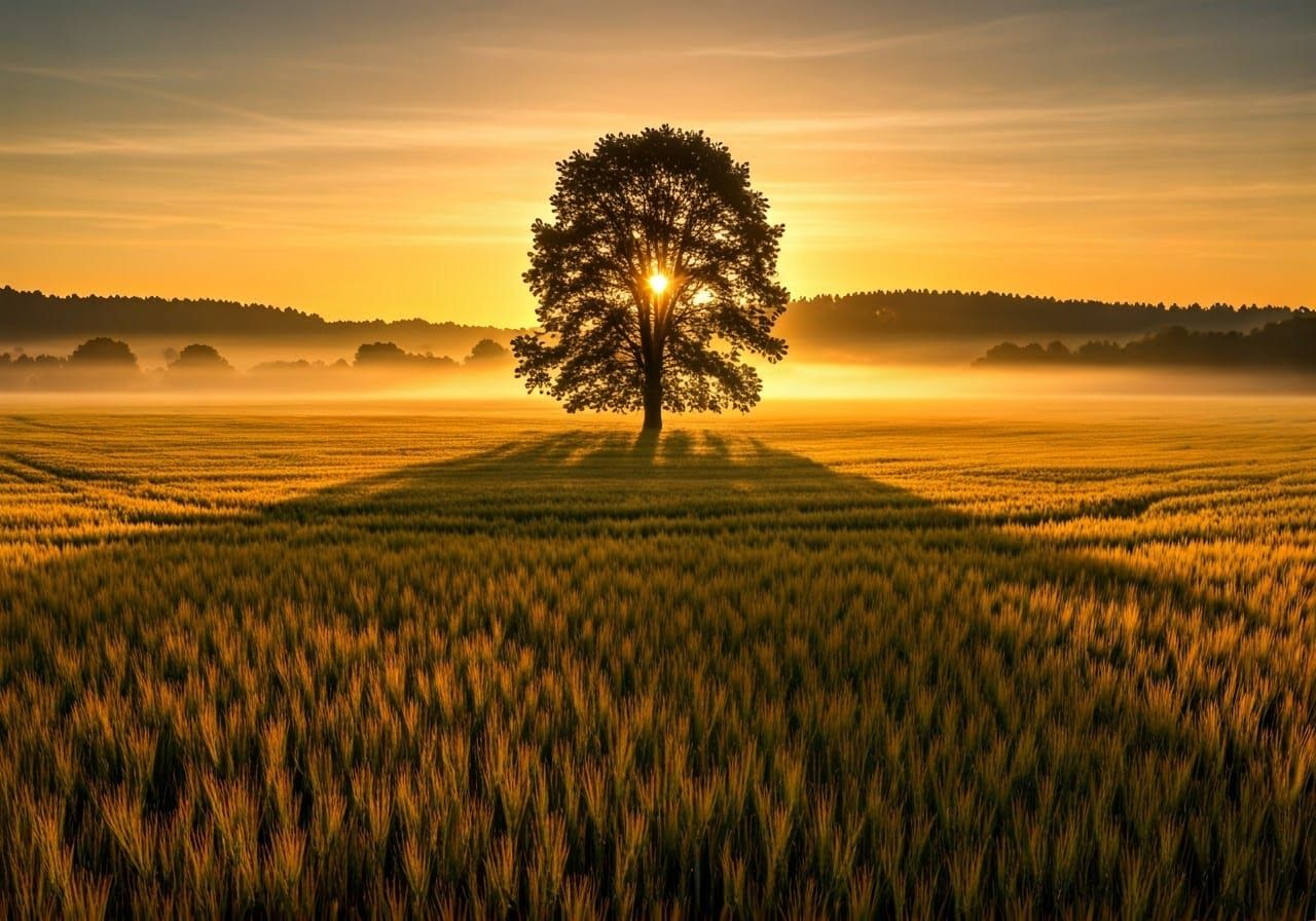 Golden Wheat Field: Solitary Tree in Morning Fog