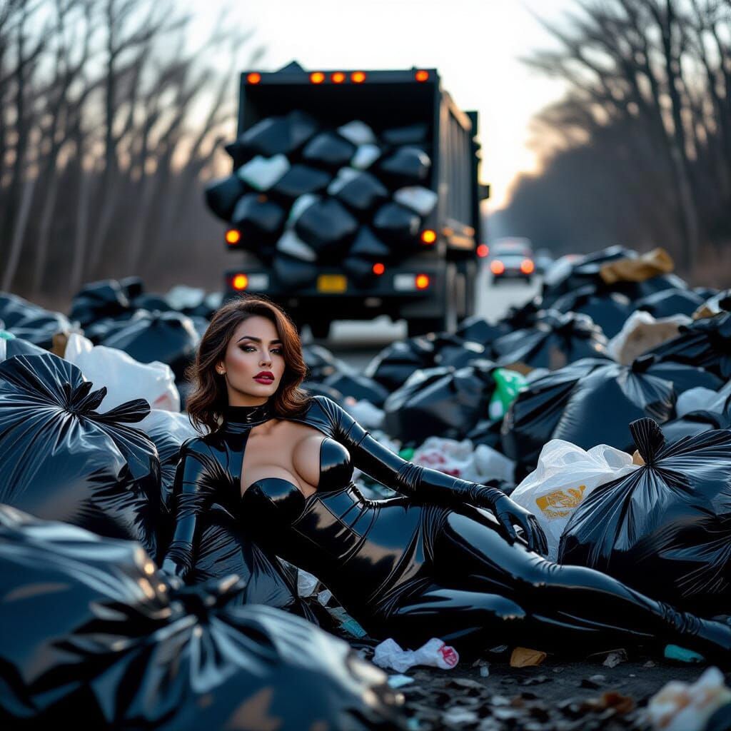 Woman in Latex with Trash Bags: Staged Photography