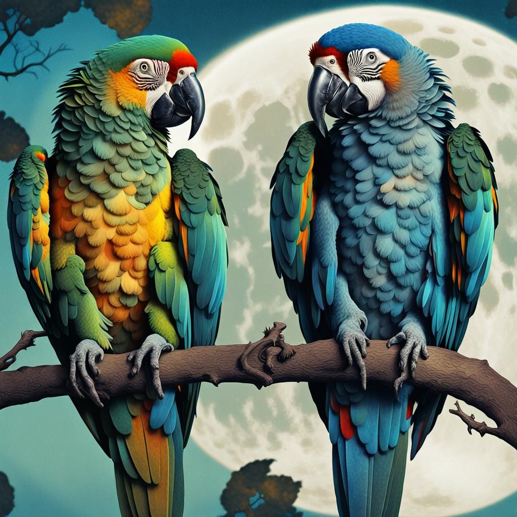 Surreal Parrots with Double Exposure Landscapes