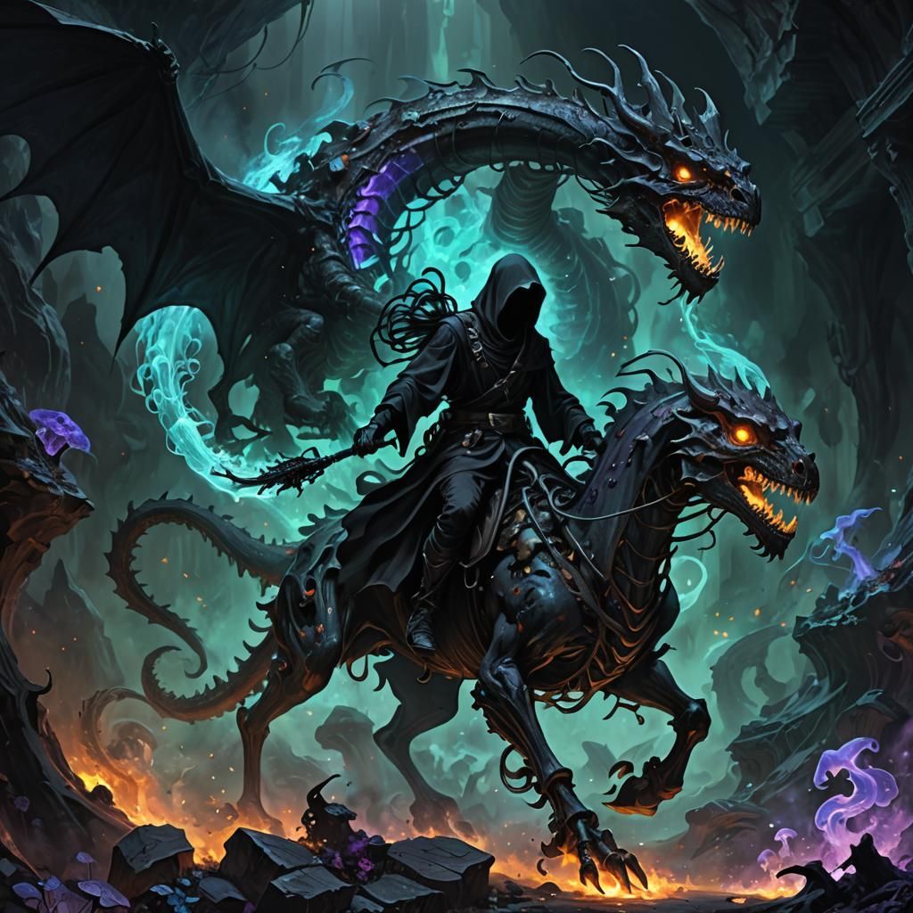 Grim Reaper on Dragon in Glowing Cave