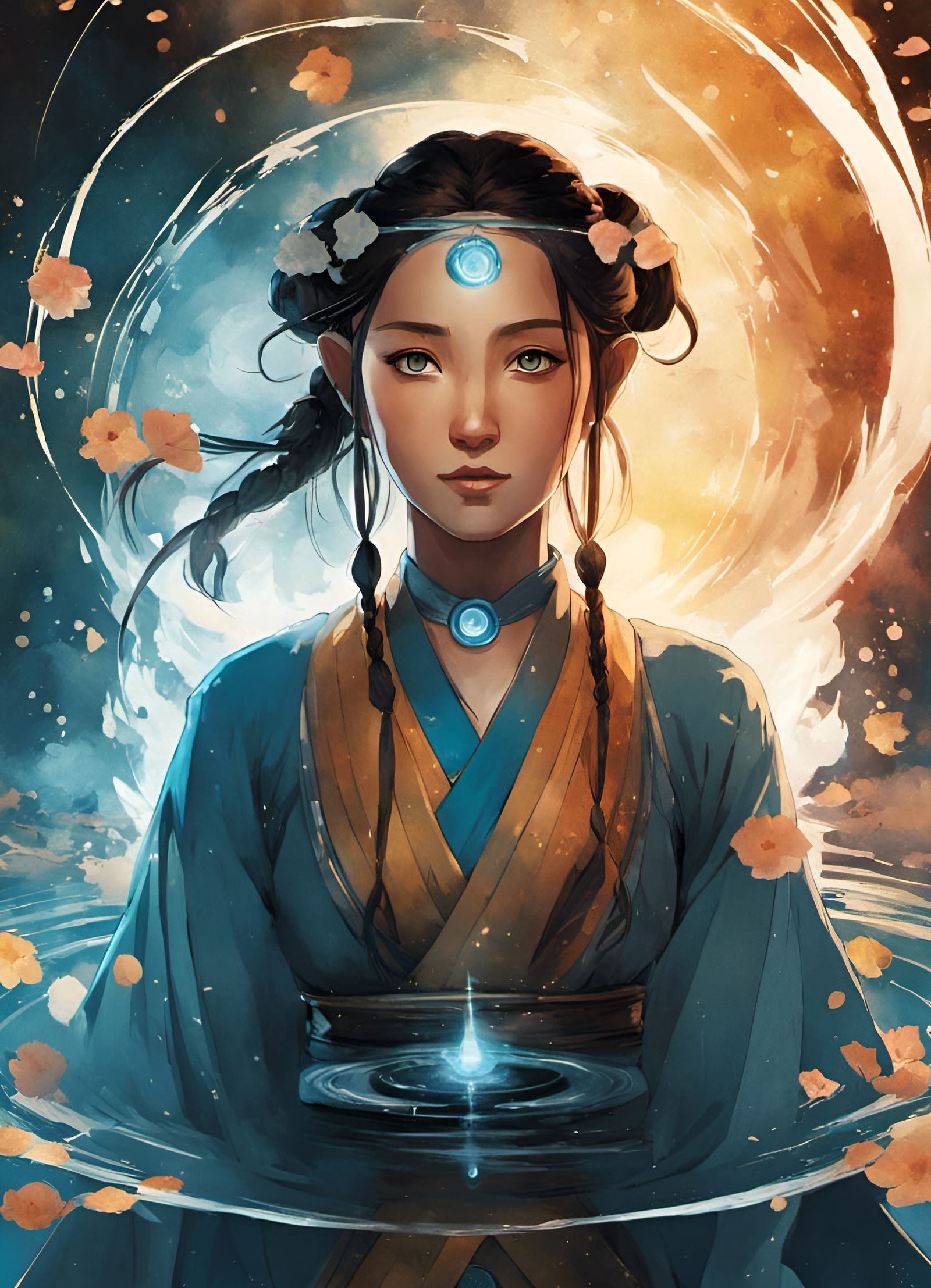 Anime Katara Waterbending Goddess Portrait in Watercolor