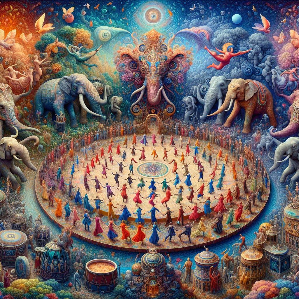Surrealist Fantasy Dance with Elephants in Dreamscape