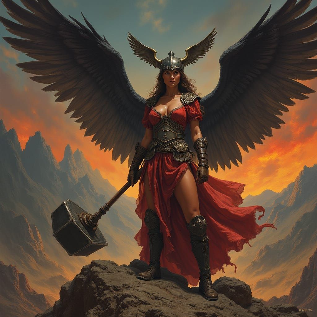 Heroic Amazon Warrior in Fiery Skies