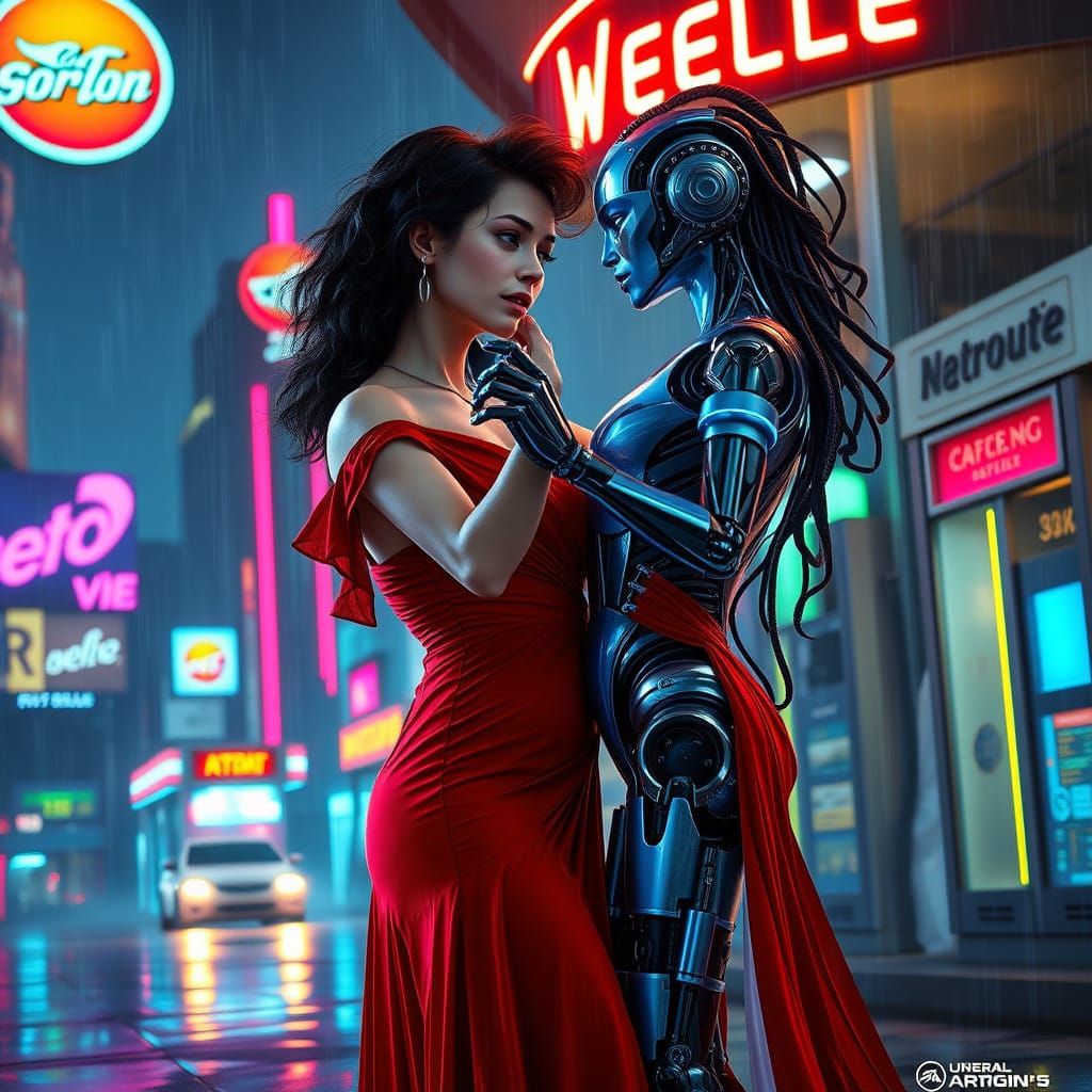 Cyberpunk Tango Dancers in Futuristic Gas Station