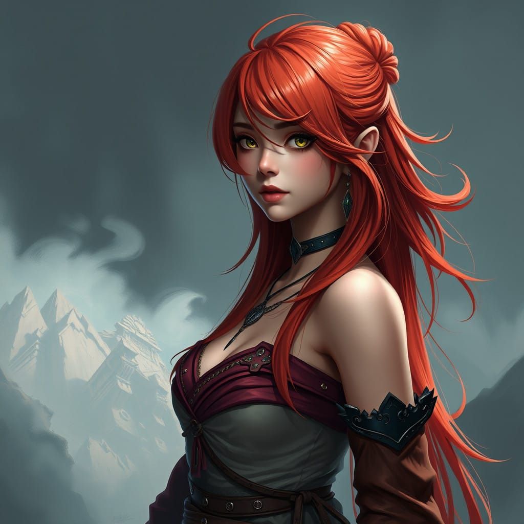 Girl in Onepiece Style with Vibrant Red Hair, Fantasy Concep...
