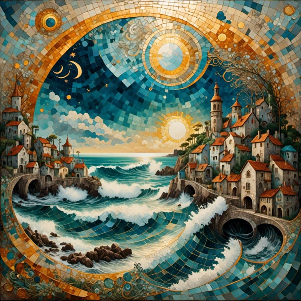 Coastal Village with Tidal Wave in Mosaic Style