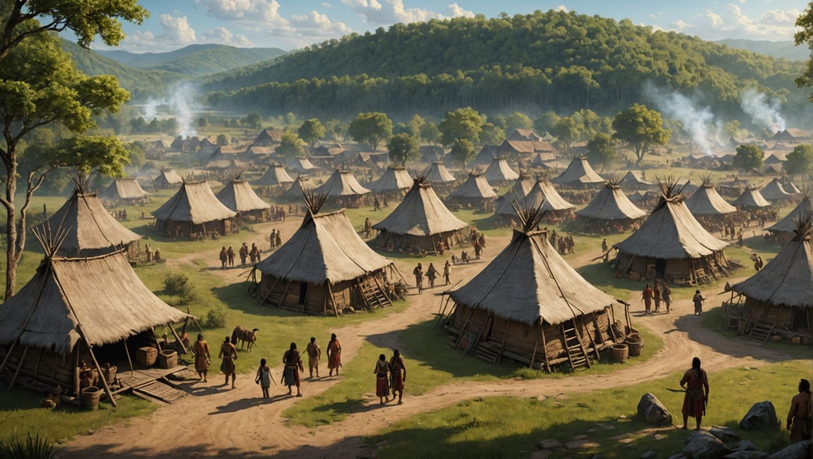 Cherokee Village Illustration, 1600s Native American Life