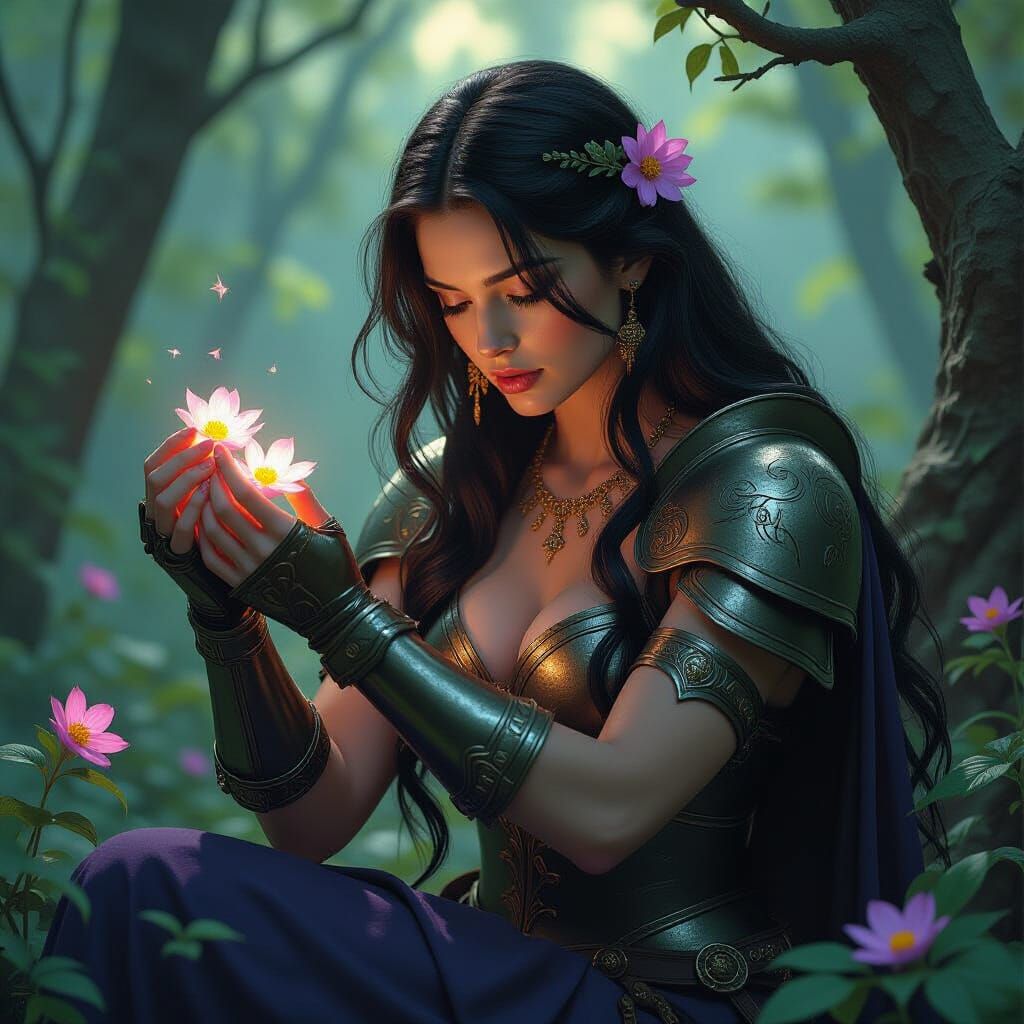 Wounded Warrior Heals in Mystical Woods, Hyper-Realism