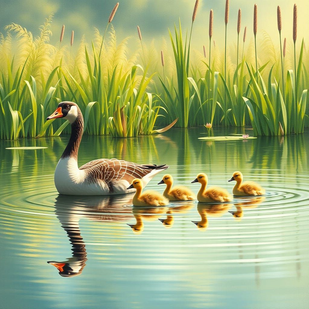 Mother Goose Leads Her Family in a Gentle Paddle