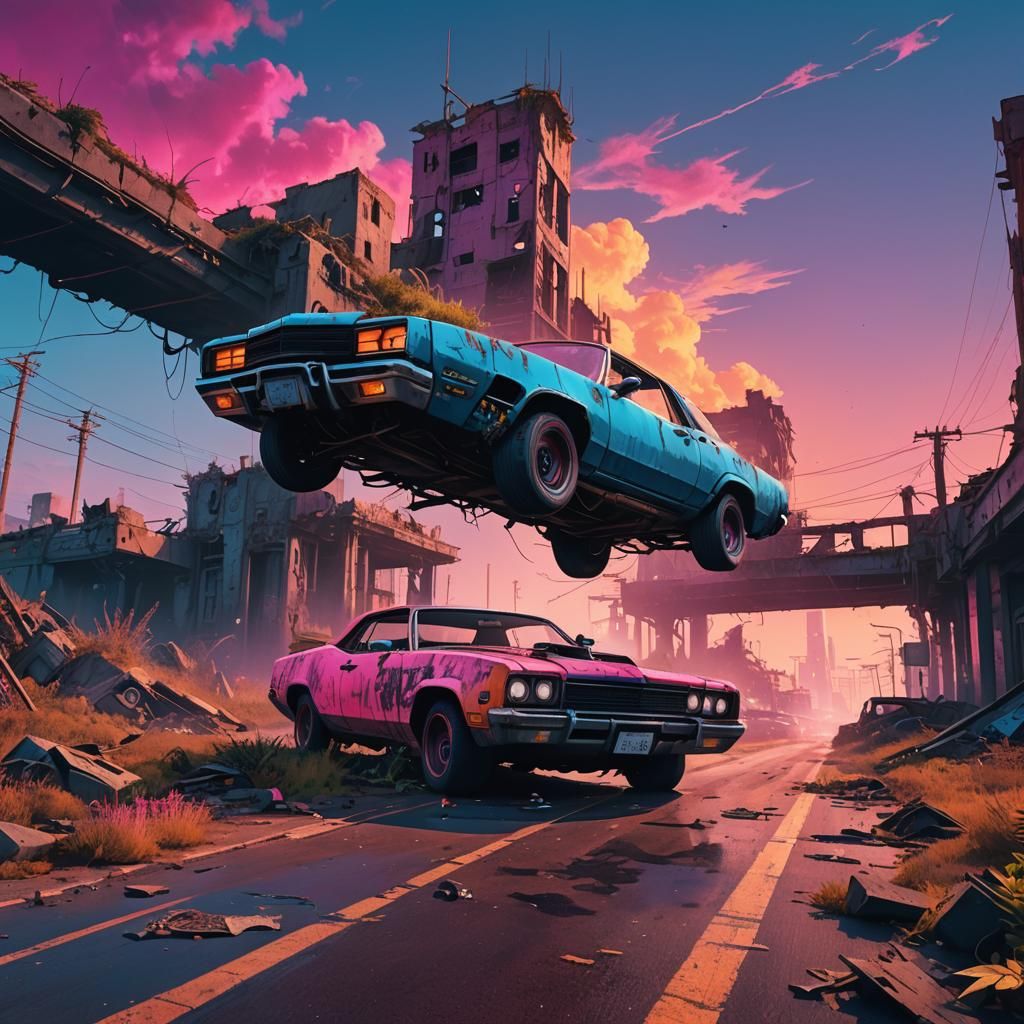 Post apocalypse synthwave low rider convertible daytime