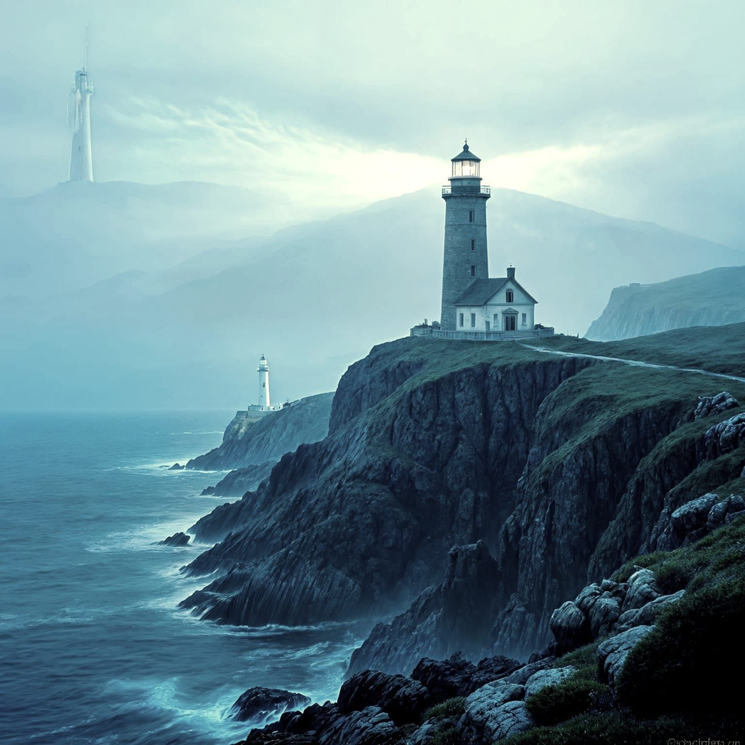 Lighthouse in Fog: A Moody Seascape