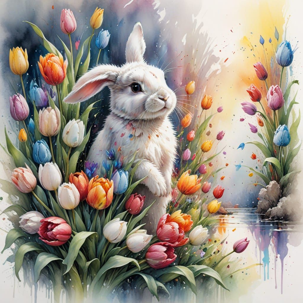 Bunny in Tulips, Watercolor Painting with Rainbow