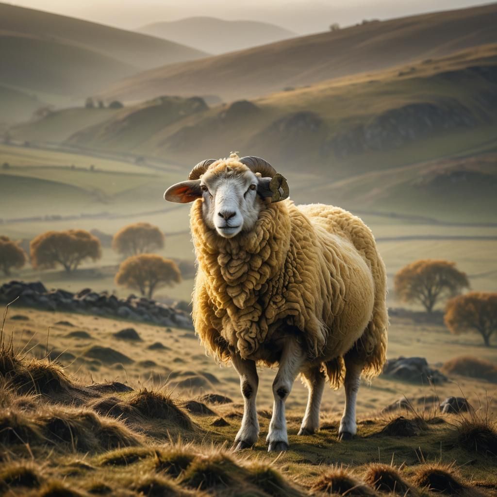 Mystical Yellow Sheep in Baroque Style Landscape