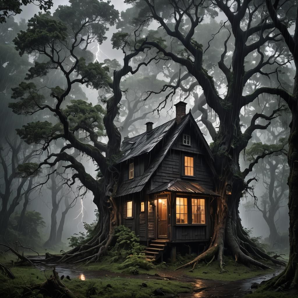 Lightning Strikes Wooden House in Dark Forest