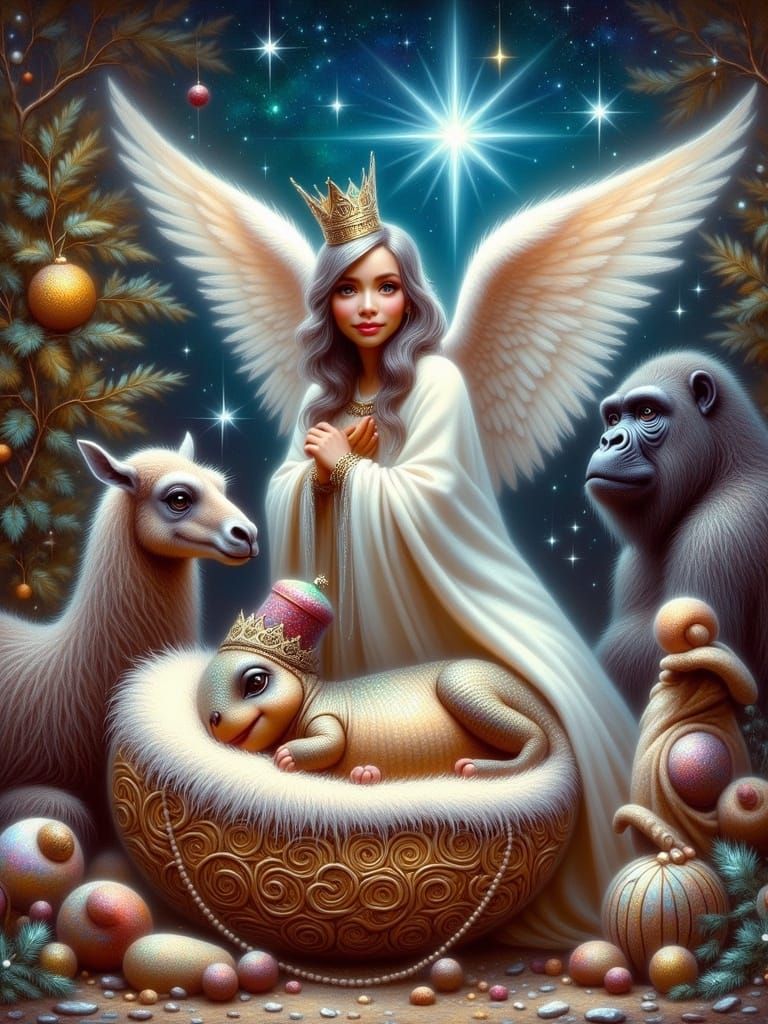 Surreal Nativity Scene with Angel and Baby T-Rex